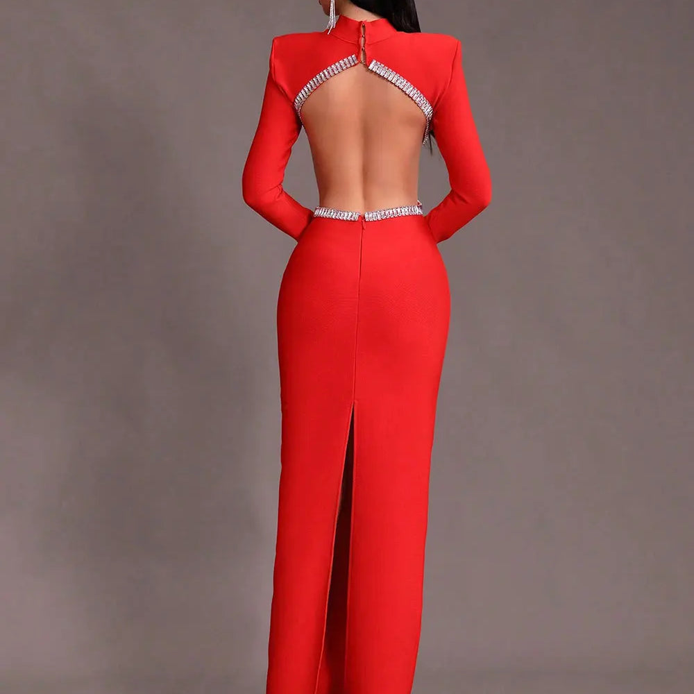 2025 Women'S Light Luxury Nail Bead Sexy Backless Bandage Dress Stand Collar Long Sleeved Bodycon Backless Long Dress Vestidos