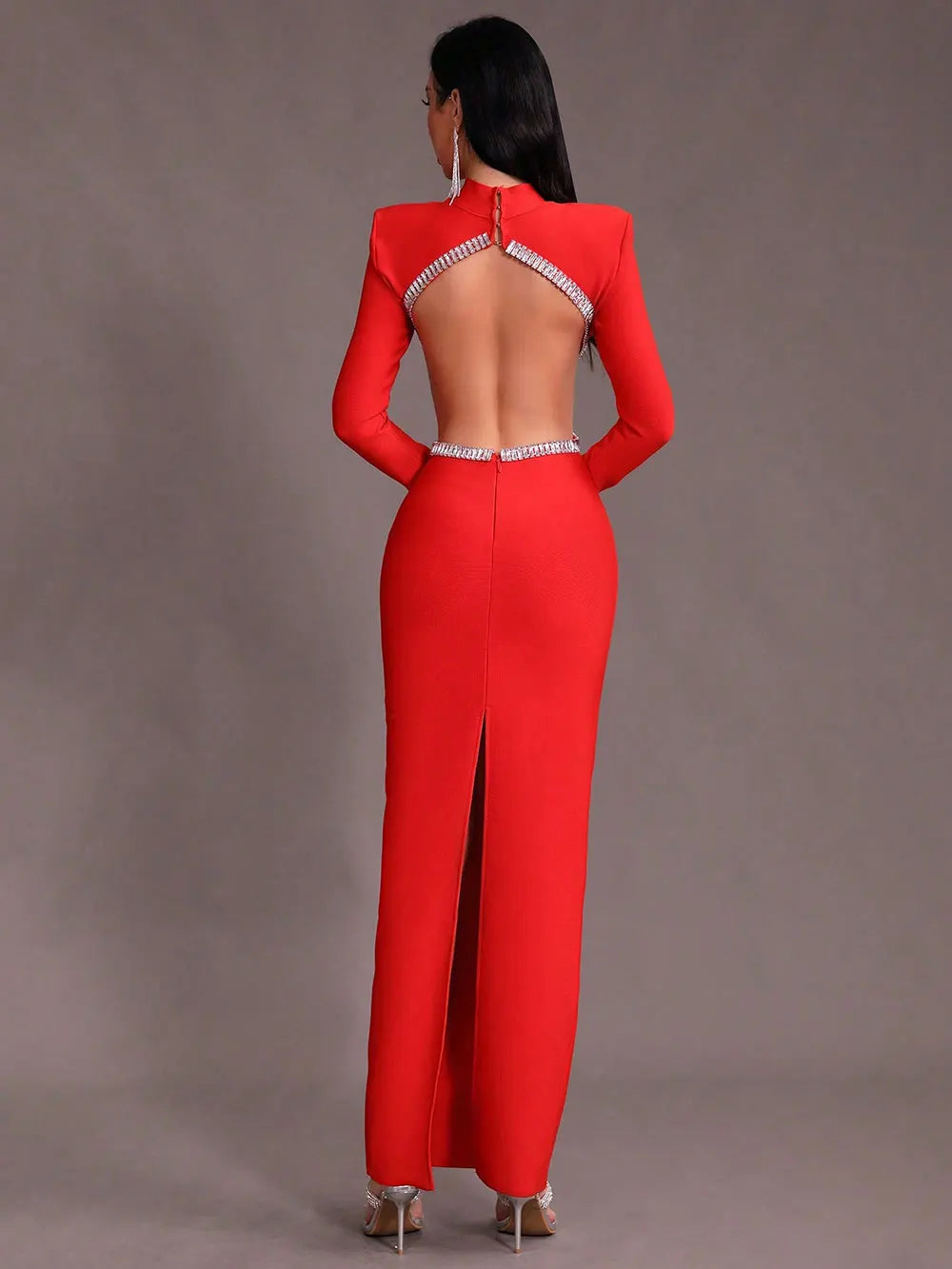 2025 Women'S Light Luxury Nail Bead Sexy Backless Bandage Dress Stand Collar Long Sleeved Bodycon Backless Long Dress Vestidos