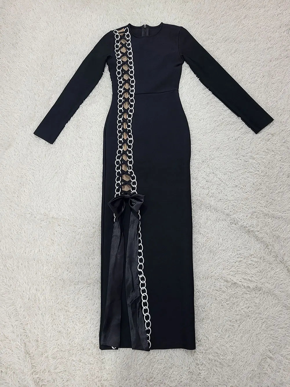2024 Sexy Women Heavy Industry Chain Drawstring Bandage Dress O-neck Long Sleeve Bodycon Midi Split Dress Evening Party Vestidos black