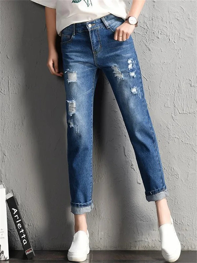 Casual High Street Denim Pants Women Fashion Mid Waist Big Ripped Hole Jeans Sexy Vintage Pencil Calca High Waisted Jeans Dark Blue
