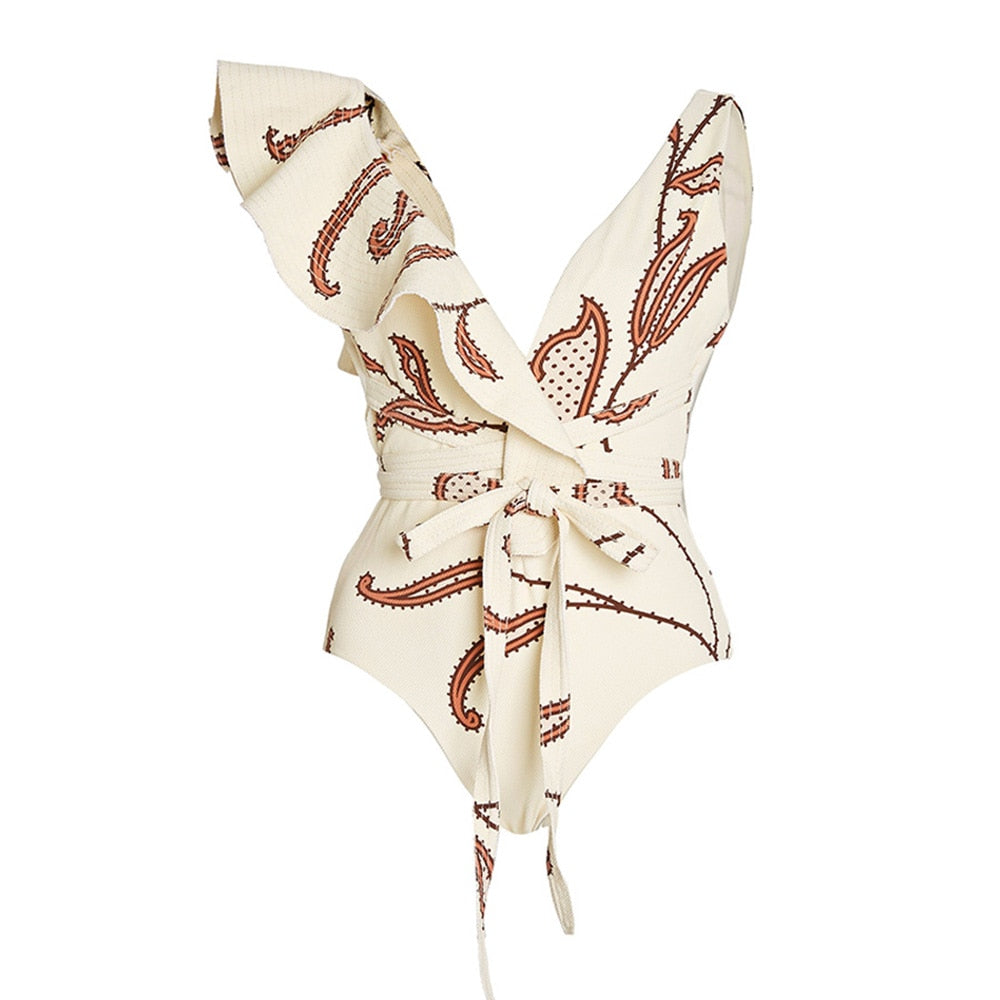 Vintage Ruffled Printed One-Piece Swimsuit With Skirt Tankini Women's Bandage Swimwear Thong Underwear Bra Floral Tie Dye