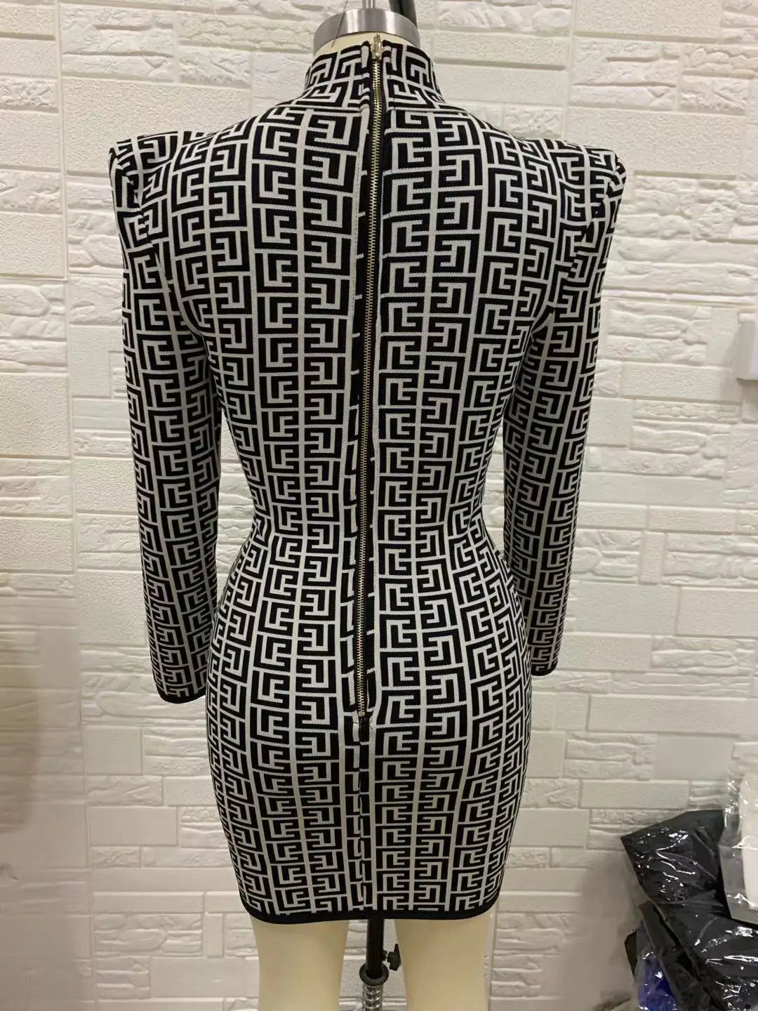 Black Full Sleeve Jacquard Mini Bandage Dress 2021 Celebrity Designer Fashion Evening Party Dress