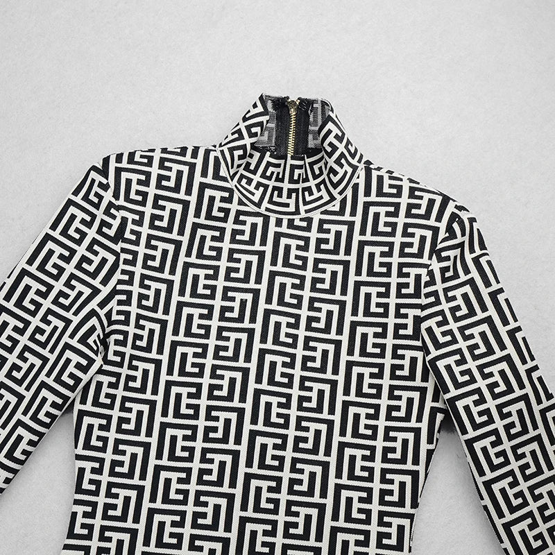 Black Full Sleeve Jacquard Mini Bandage Dress 2021 Celebrity Designer Fashion Evening Party Dress