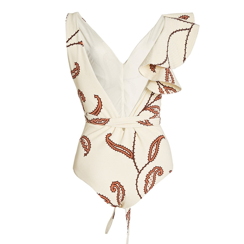 Vintage Ruffled Printed One-Piece Swimsuit With Skirt Tankini Women's Bandage Swimwear Thong Underwear Bra Floral Tie Dye