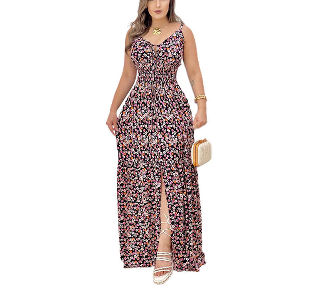 Women Summer Print Spaghetti Strap Big Swing Dress Black S