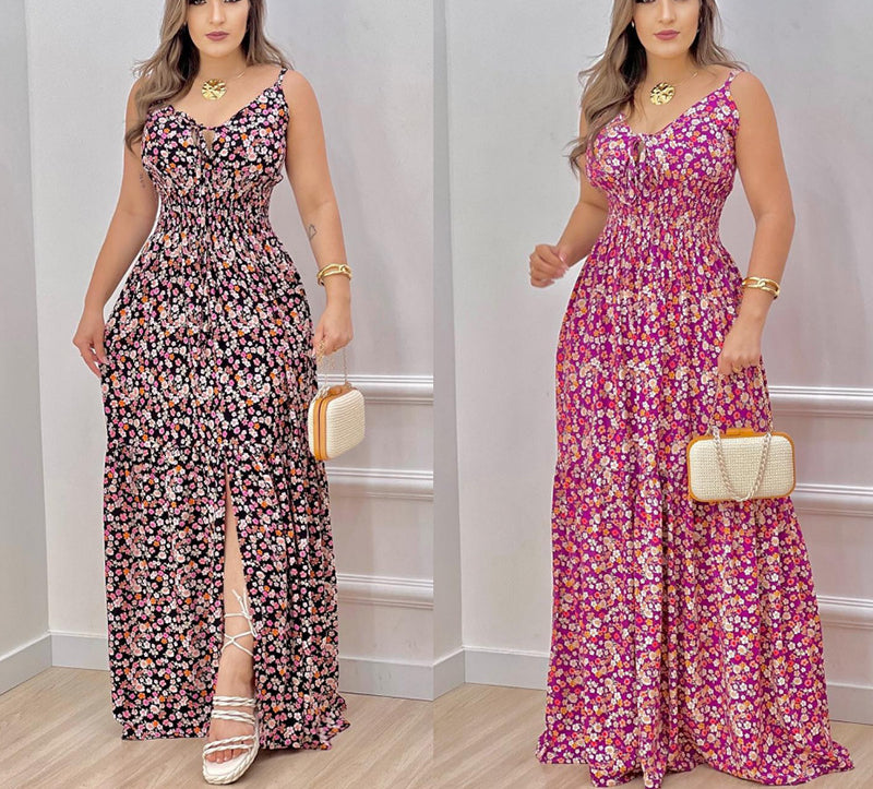 Women Summer Print Spaghetti Strap Big Swing Dress