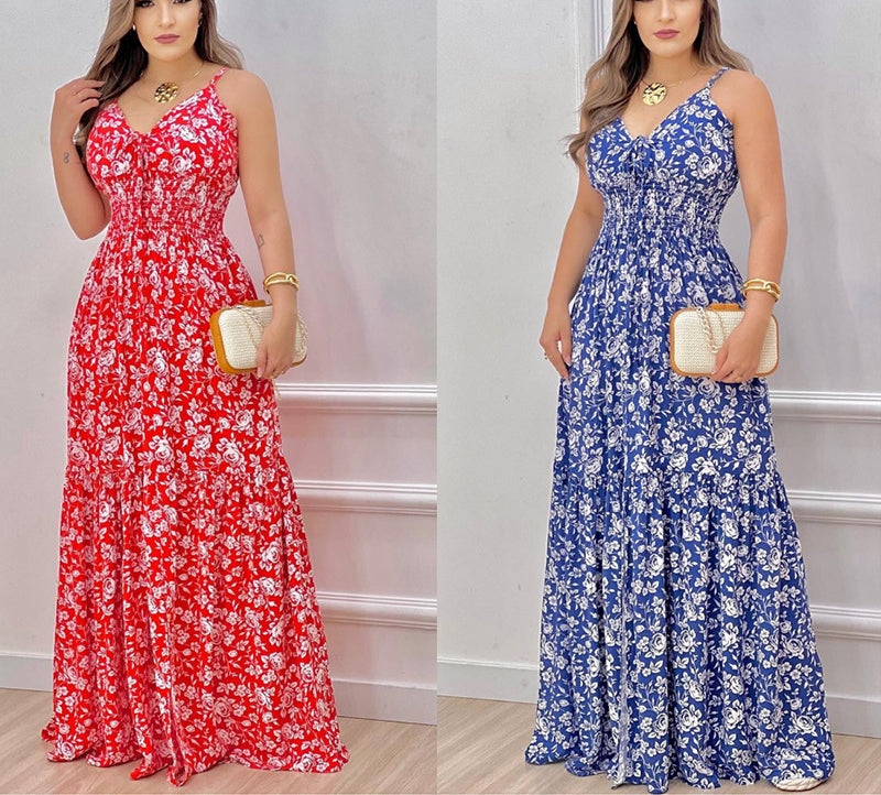 Women Summer Print Spaghetti Strap Big Swing Dress