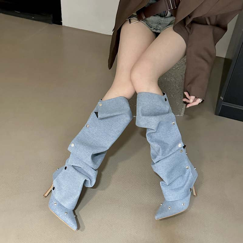 Rivet Buckle Stitching Two-way Stiletto Heel Denim Pleated Pile Style Boots Blue