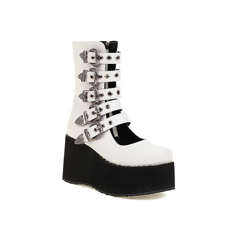 Punk Rivet Thick Bottom Platform Female Ankle Boots White