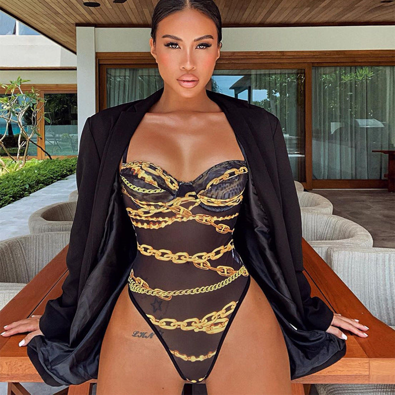 Women's Fashion V-Neck Sling Print Bodysuit