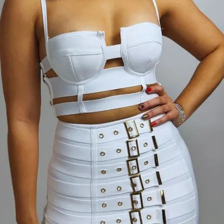 Women Sexy Cut Out Mini Bodycon Bandage Skirt Two Piece Set 2025 Celebrity High Streeet Evening Birthday Club Party Outfits