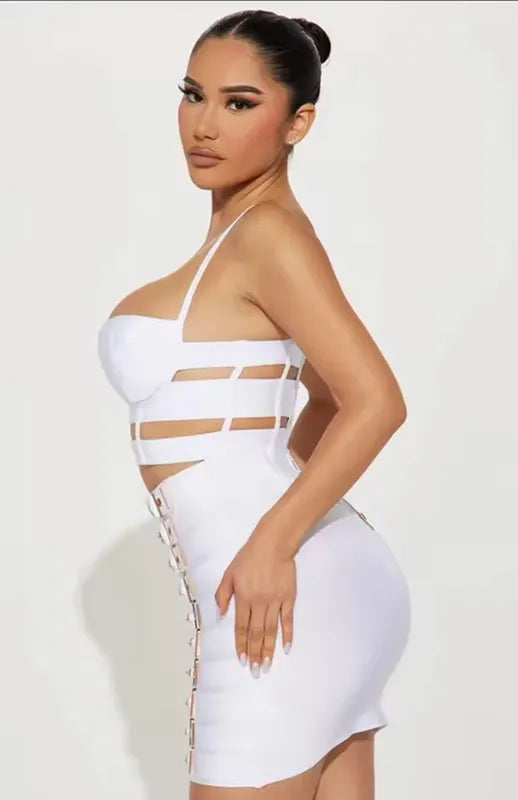 Women Sexy Cut Out Mini Bodycon Bandage Skirt Two Piece Set 2025 Celebrity High Streeet Evening Birthday Club Party Outfits
