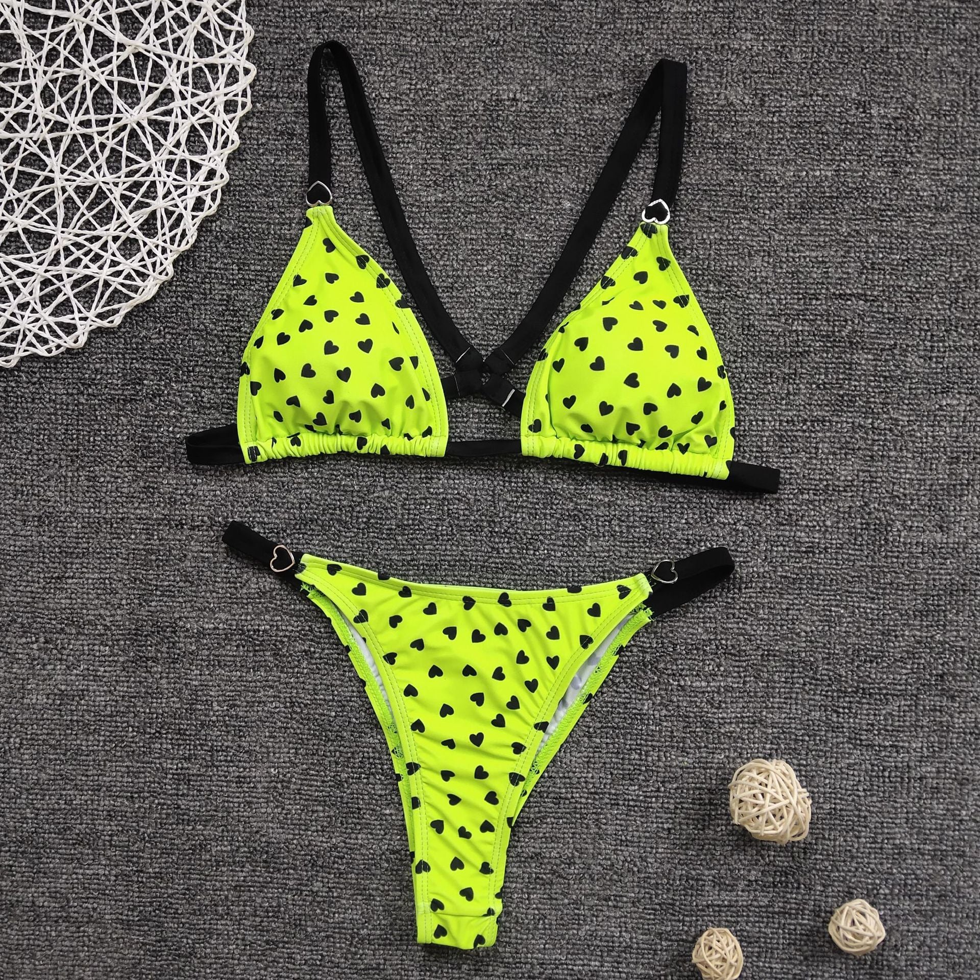 Women's Split Bikini Three-point Fluorescent Print Swimsuit Green