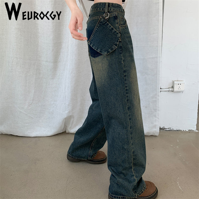 design vintage streetwear y2k baggy jeans Women's denim cargo pants women high waist ripped pocktes wide leg new jeans woman