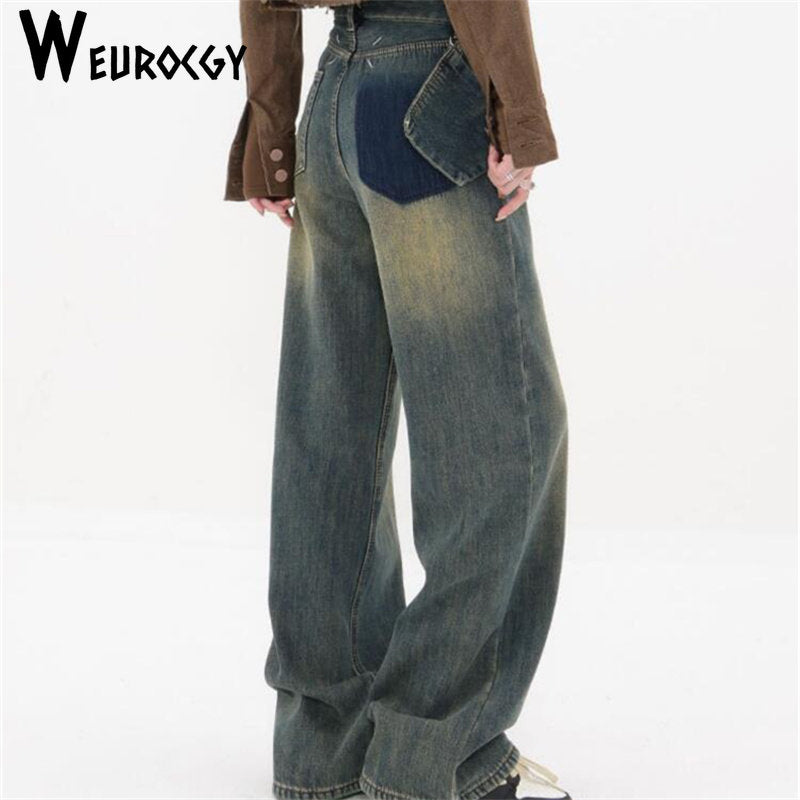 Vintage Khaki Baggy Jeans Women Korean Style Denim Pants Retro Belt Wide  Leg T