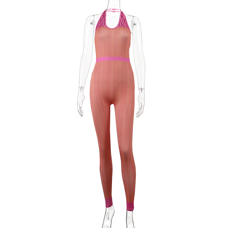 Printed Contrast Halter Bodysuit High Waist Hips Jumpsuit