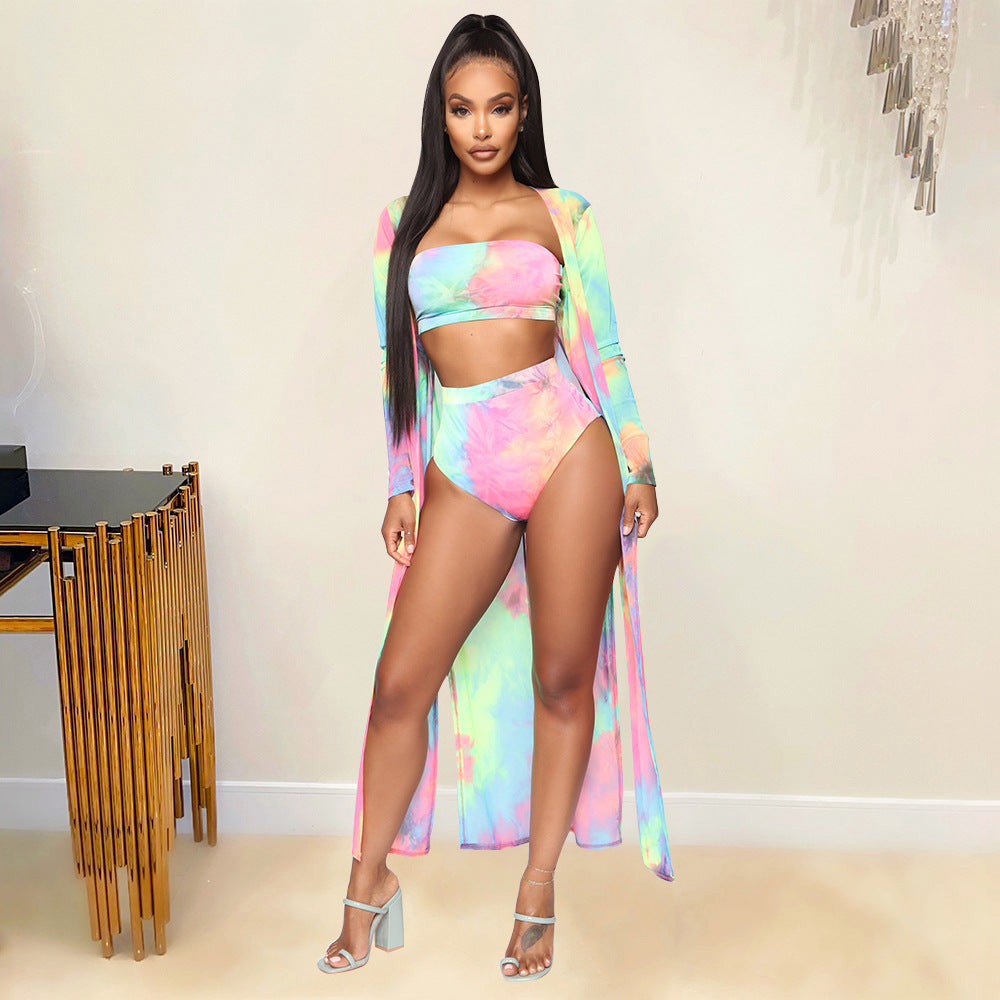Women's Digital Print Swimsuit Three Piece Long Sleeve Cape Rainbow