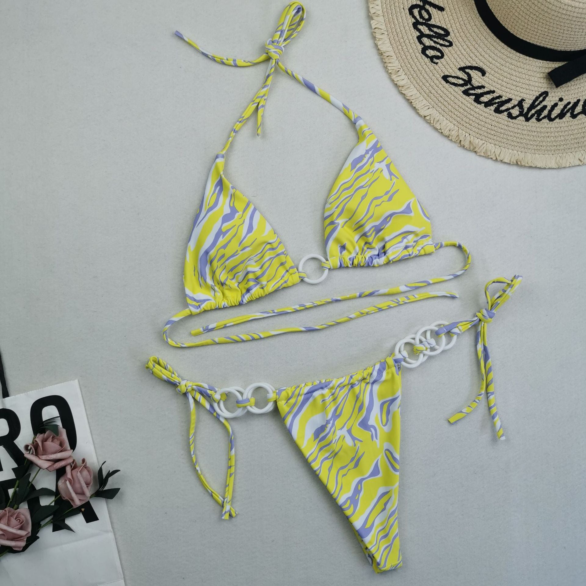 Women's Split Bikini Double Fabric Lace-up Swimwear Yellow stripes