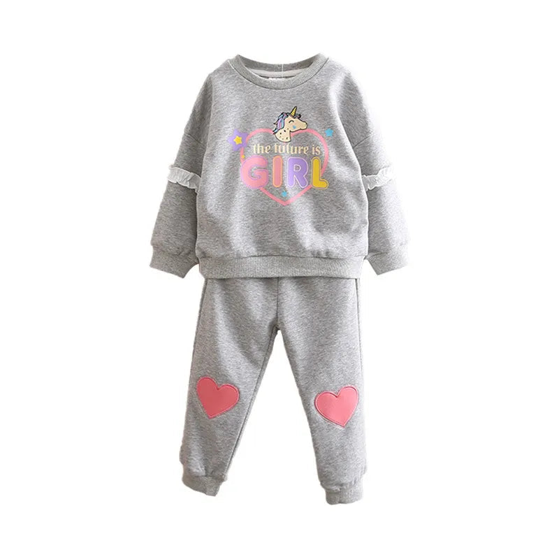 girls autumn casual sweater suits cartoon long-sleeved round neck top love pants sports 2pcs clothing set