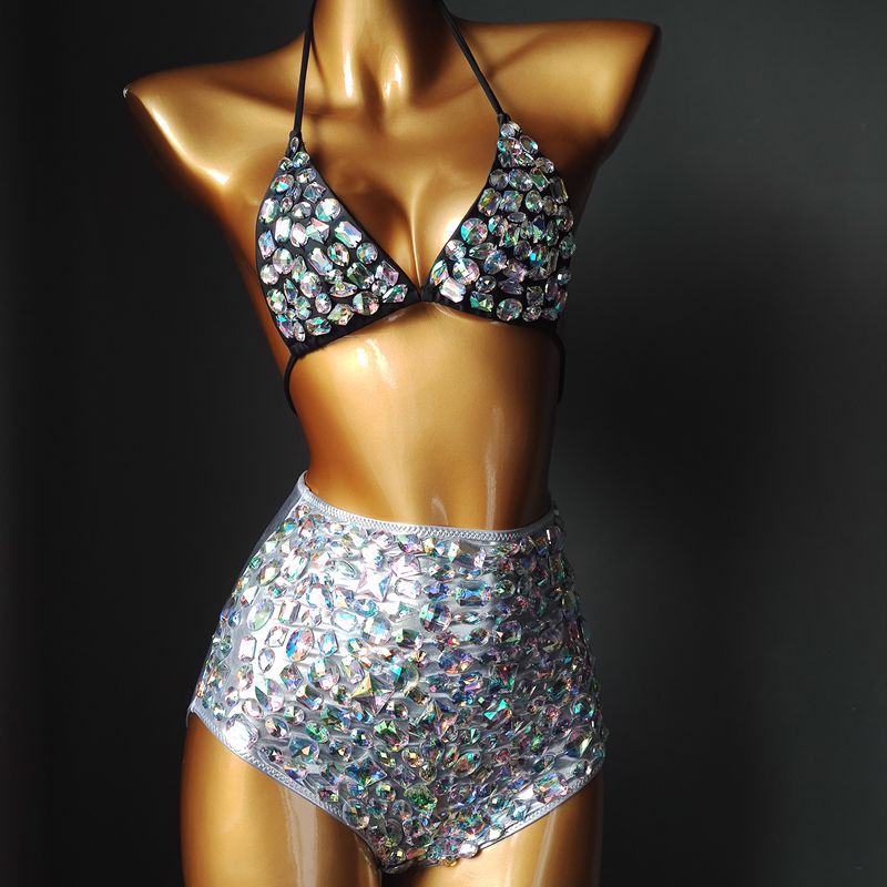 hinestone Triangle Bikini Crystal Diamond High Waist Women Split Swimsuit Luxury Manual Customized Swimwear Mix color