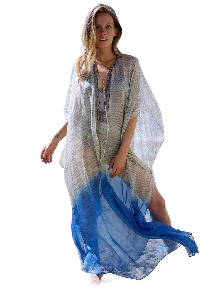 Blue Bohemian Embroidered Batwing Sleeve Side Split Summer Beach Dress Chiffon Tunic Women Plus Size Beachwear kaftan