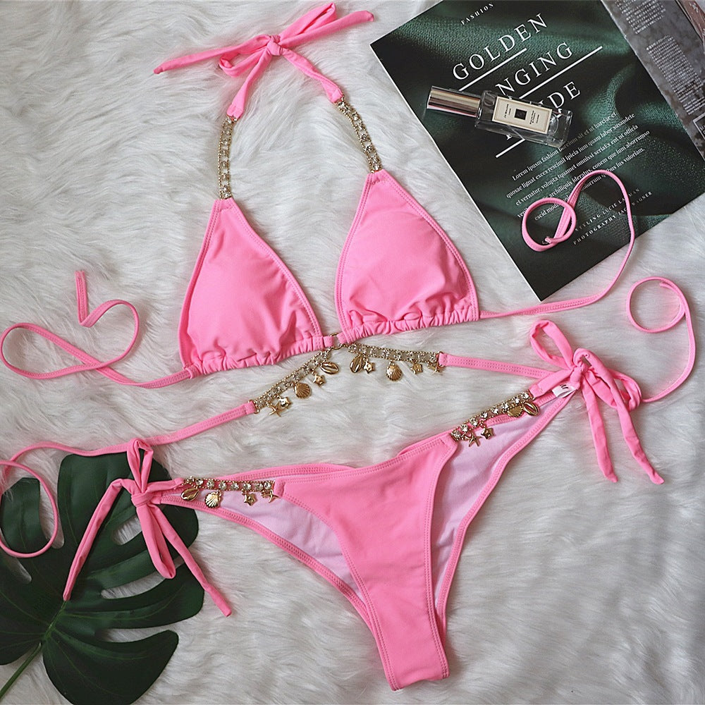 Sexy Strappy Plain Female Split Crystal Diamond Bikini Creative Accessories Swimsuit Pink