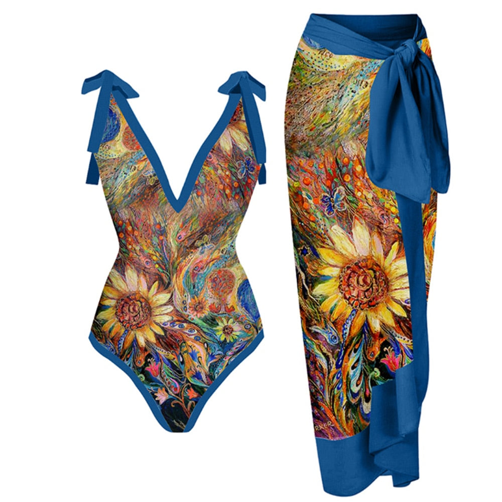 Women One Piece Swimsuit with Skirt Swimwear Cover Up Retro Holiday Beach Dress Backless Summer Elegant Surf Wear Bathing Suit