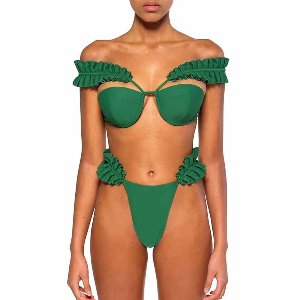 Pleated Design Push Up Swimsuit Sexy Micro Bikini Green