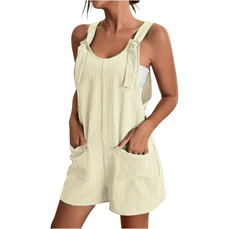 Boho Solid Color Sleeveless Women Jumpsuit Casual Loose Wide Leg Overall Summer Daily Banggy Rompers with Pockets Clothes Apricot