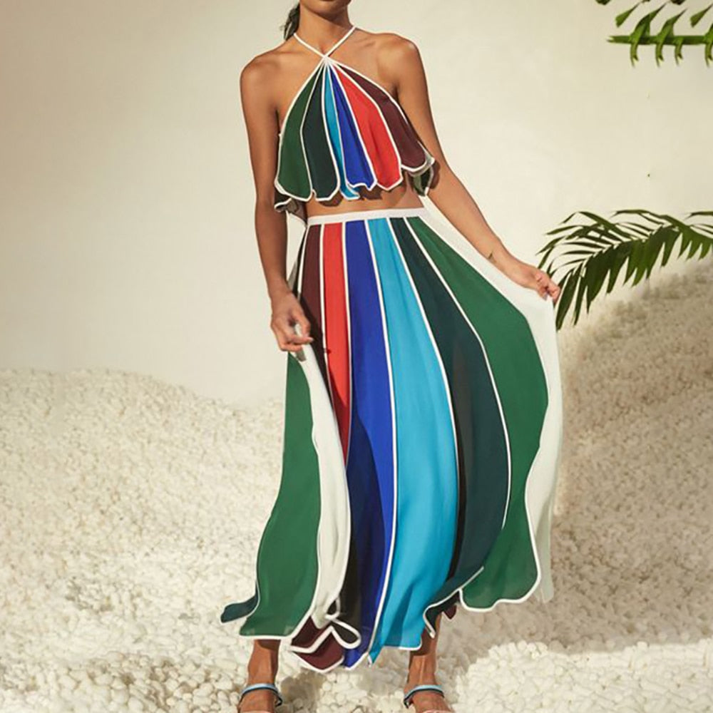 Vintage Fashion Colorblock Print Bikinis Two Piece Swimsuits Summer Dress Halter Beachwear High Waist Swimwear Lace Up Surf Wear