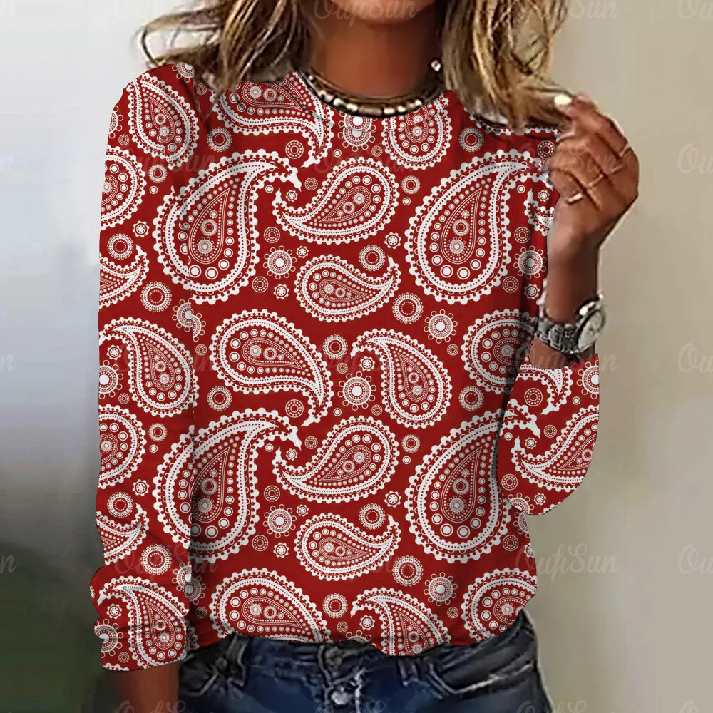 Paisley Print Top Women Long Sleeved Streetwear Summer Vintage Tee Women's Fashion O Neck T Shirts Y2k Oversized Female Clothing W010203-SM16946
