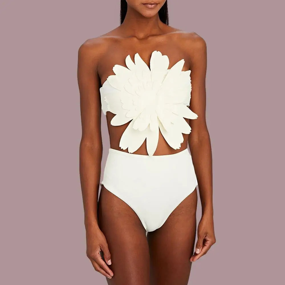 White Floral Female Bikini One Piece High Waistline Swimsuit Tight Fitting Backless Swimwear 2024 Women Stylish