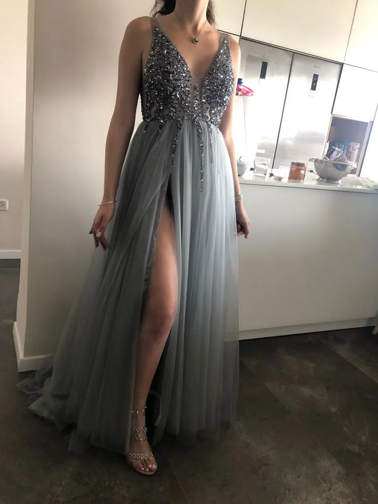 Beading Prom Dresses Long V Neck Light Gray High Split Tulle Sweep Train Sleeveless Evening Gown A-Line Backless Vestido De dark gray