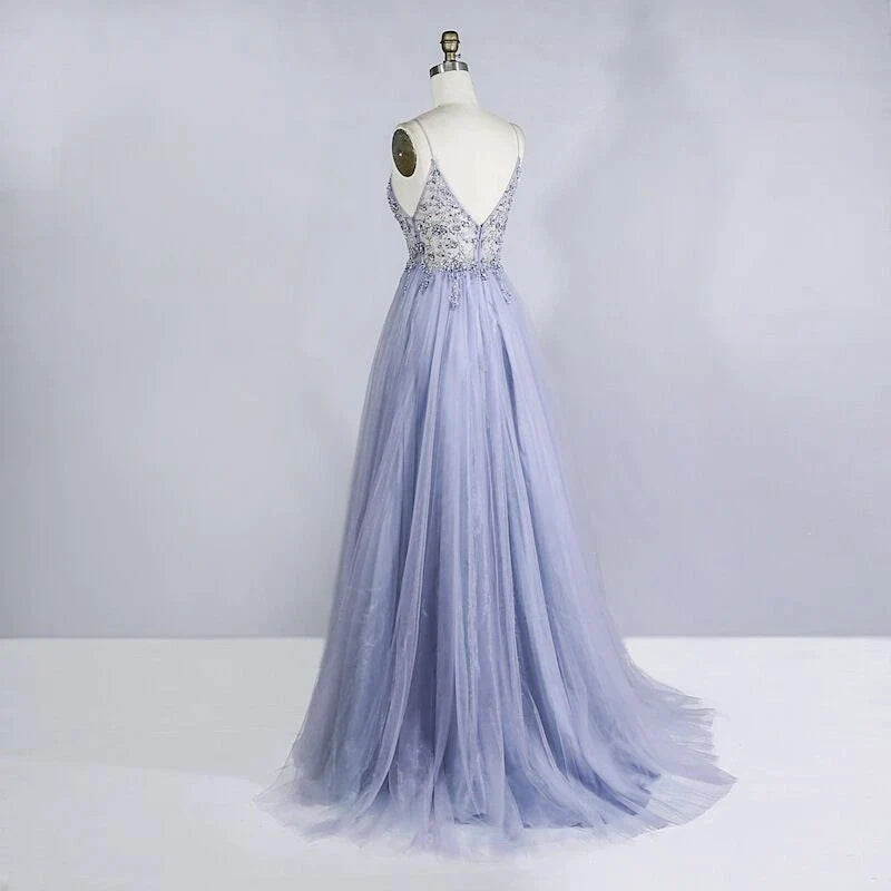 Beaded Crystal Prom Dresses Long Sexy See Through A-Line Split Tulle V Neck Spaghetti Strap Evening Formal Gown