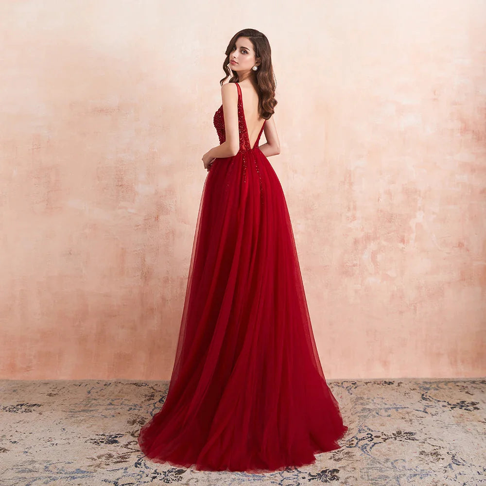 Beading Prom Dresses Long Sexy V-Neck High Split Tulle Sweep Train Sleeveless Evening Gown A-Line Backless Vestido De