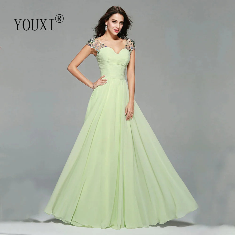 Elegant Cap Sleeves Light Green Prom Dresses Chiffon Crystal vestido de festa Evening Formal Dress for Women