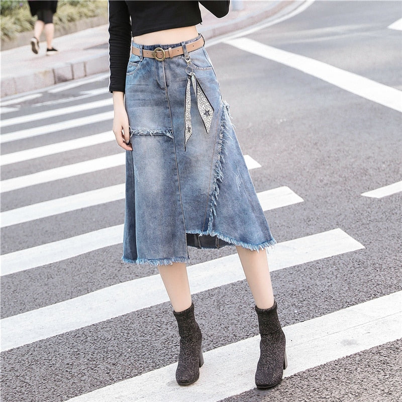S-5XL Women Denim Skirt Spring Summer 2024 Fashion Casual Medium-long Package hip Irregular hem Slim Waist Skirts Jeans Female Blue