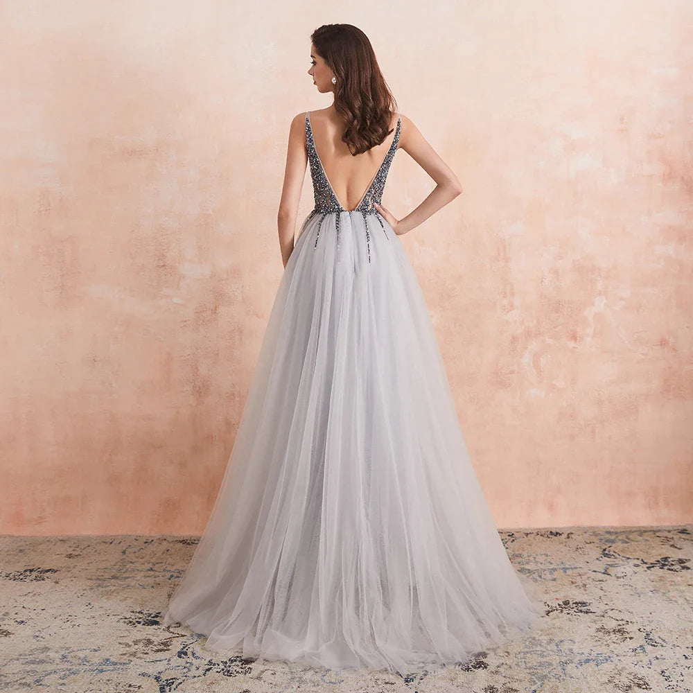 Beading Prom Dresses Long Sexy V-Neck High Split Tulle Sweep Train Sleeveless Evening Gown A-Line Backless Vestido De light gray