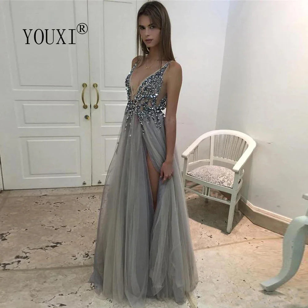 Beading Prom Dresses Long V Neck Light Gray High Split Tulle Sweep Train Sleeveless Evening Gown A-Line Backless Vestido De