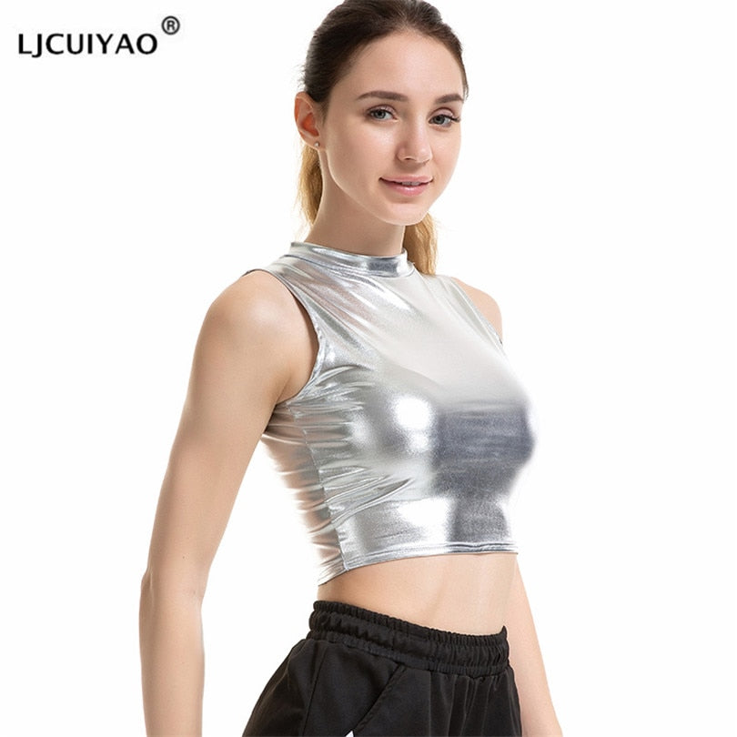 Haut court en cuir brillant pour femmes, gilet sans manches, débardeur de sport, or argent brillant, vêtements colorés vert rouge