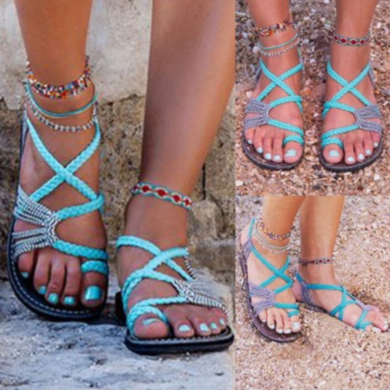 Roman Summer Sandals Explosion Color Matching Rope Knot Beach Toe Sandals Women Plus Size 35-43