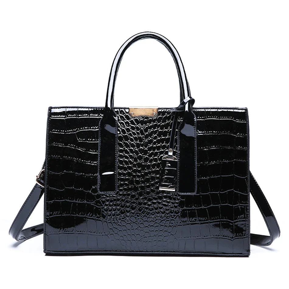 Casual Tote Sac Vintage Crocodile Pattern Patent Leather Luxury Handbags Brand Designer Large Capacity Shoulder Messenger Bag Black