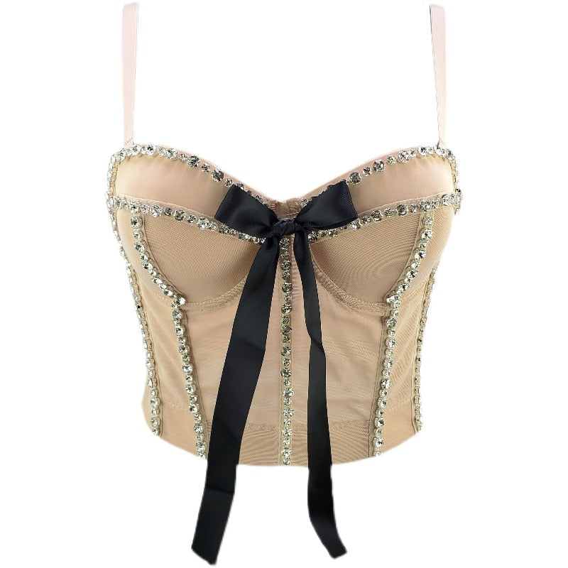 Women New Fashion Sexy Beaded Rhinestone Bow Mesh Camisole Wear Sleeveless Ropa De Mujer Short Bustier Corest Crop Tops S218
