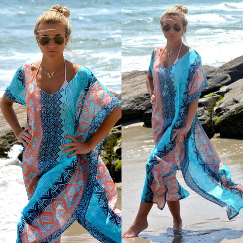 Summer Printing Beach Dress Bathing Suit Cover Ups Sundress Sarong Bikini Long Robe Pareo Tunic Capes Kaftan Coverup