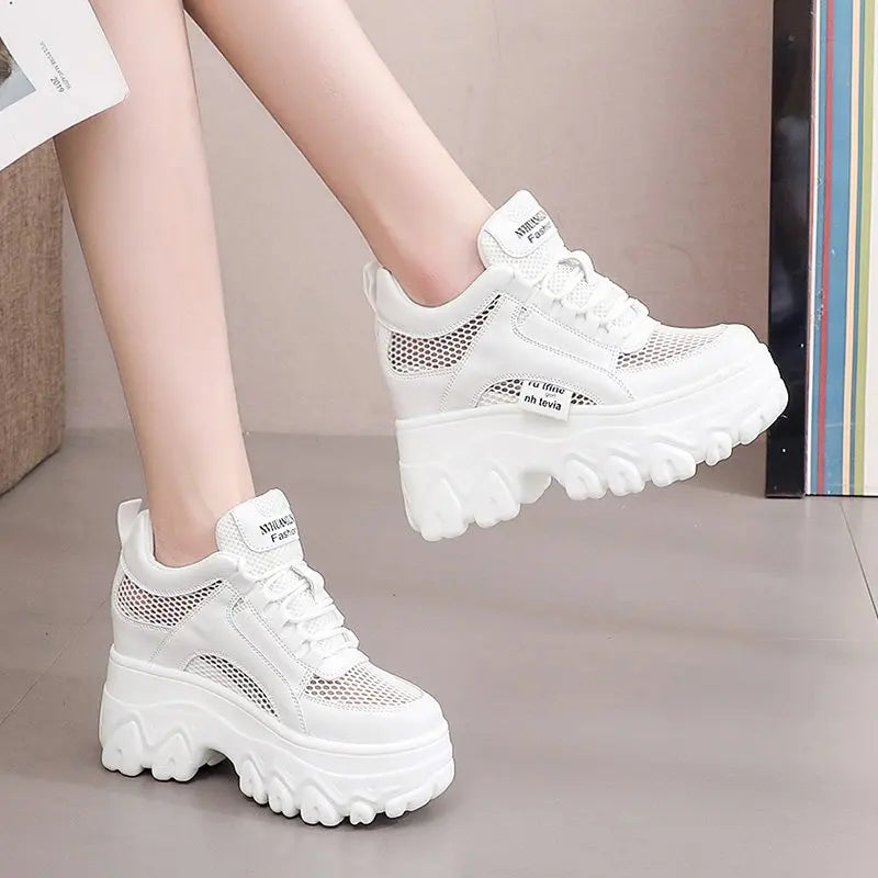 Breathable Mesh Chunky White Sneakers Women Summer Hollow Out Mesh Platform Sandals Woman Height Increased Casual Shoe 10cm