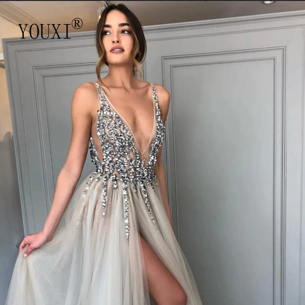 Beading Prom Dresses Long V Neck Light Gray High Split Tulle Sweep Train Sleeveless Evening Gown A-Line Backless Vestido De