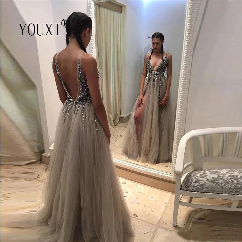 Beading Prom Dresses Long V Neck Light Gray High Split Tulle Sweep Train Sleeveless Evening Gown A-Line Backless Vestido De
