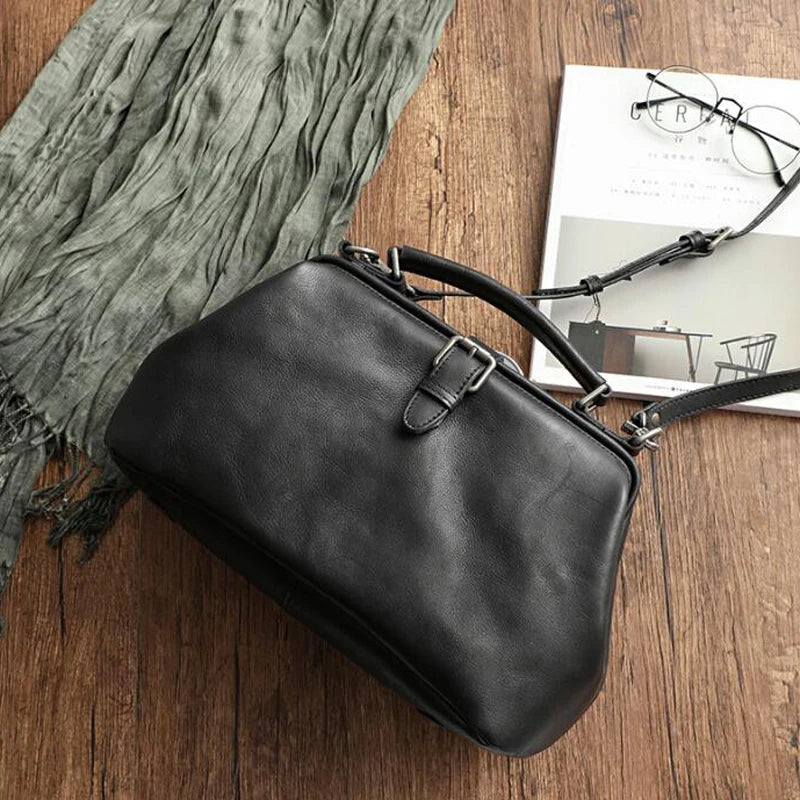 Leather Doctor Handbag Cowhide Women Big Shoulder Bags Vintage Manual Paint Crossbody Bags black (30cm<Max Length<50cm)