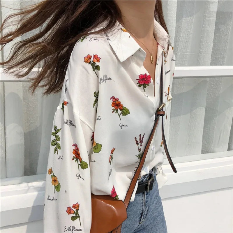 Vintage Floral Print Loose Casual Off White Blouse Women Long Sleeve Female Top Office Ladies Chiffon Blouses Shirts