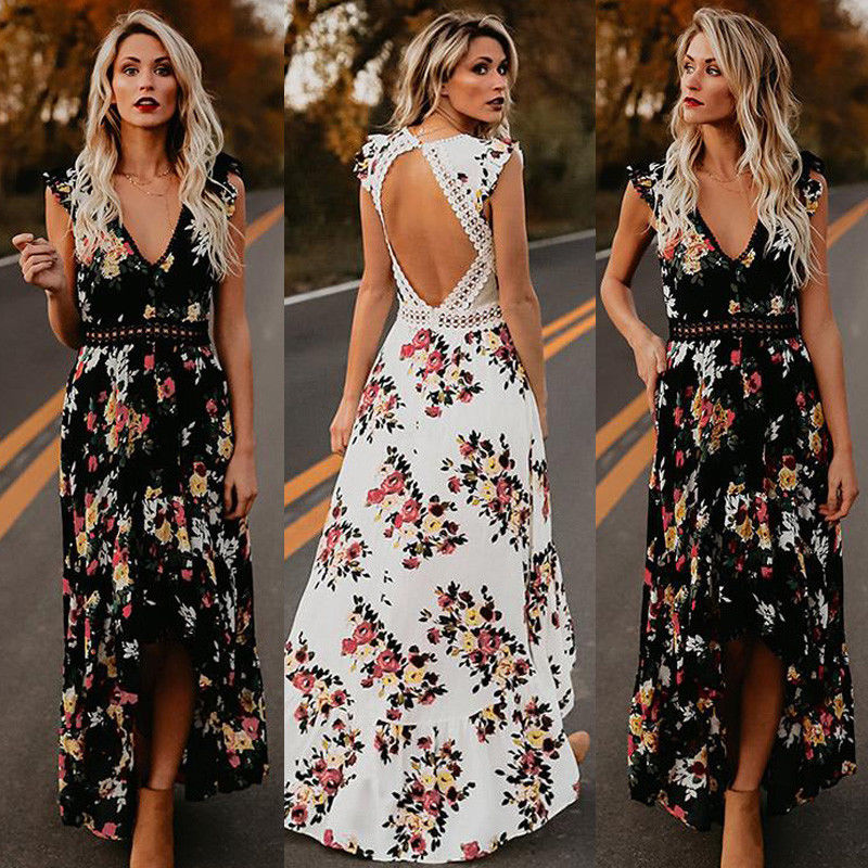 Summer Floral Boho Women Elegant Vintage Long Maxi Dress Sexy Backless Party Beach Dress Sundress